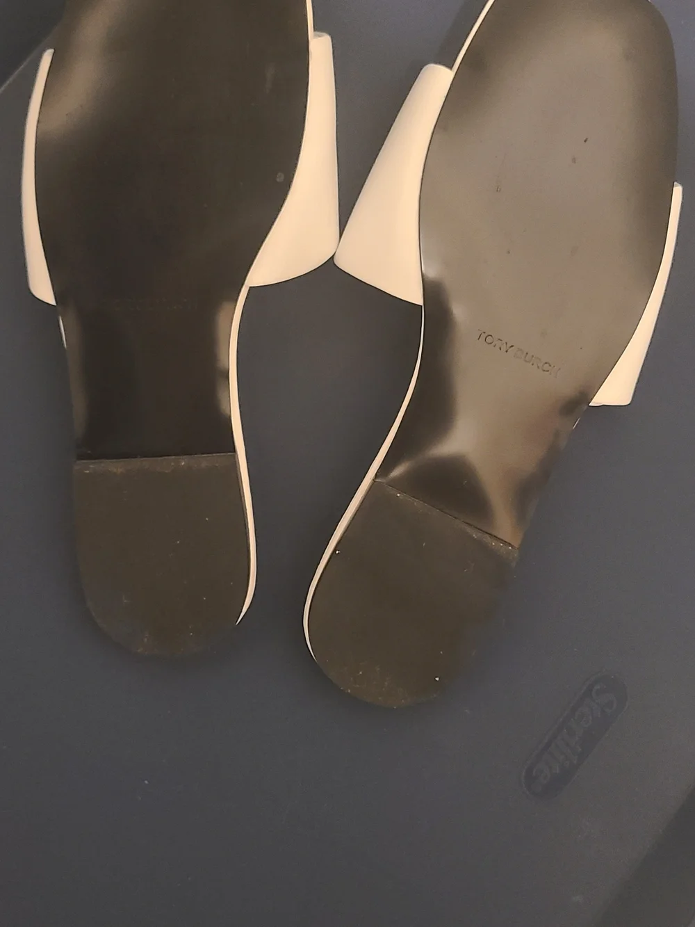 Tory Burch White Slide Sandals with Gold Logo